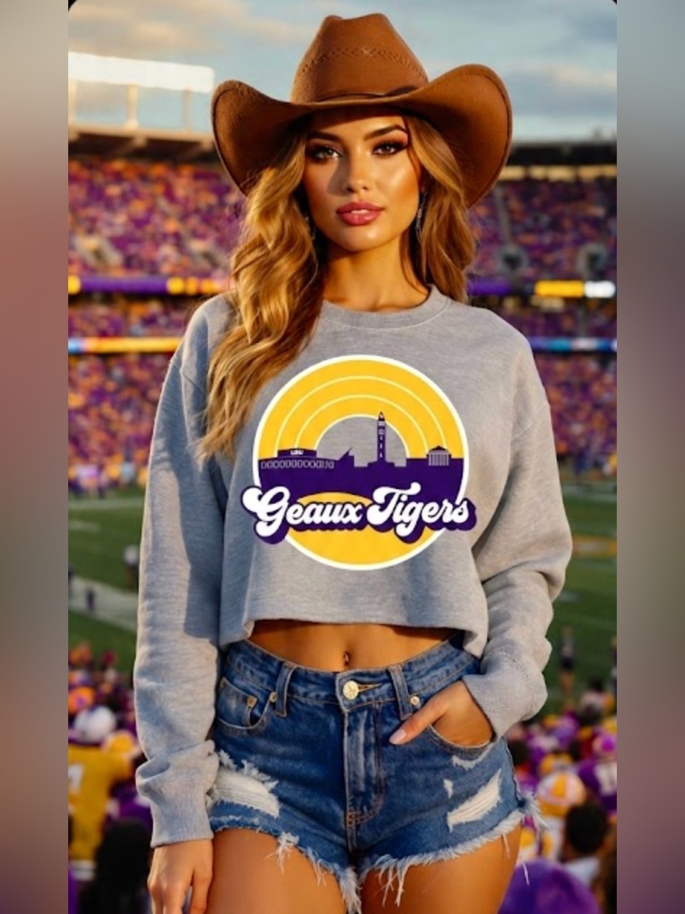 Vtg LSU Geaux Tigers Cropped Sweatshirt Gray Raw Hem Fleece Pullover Y2K Small